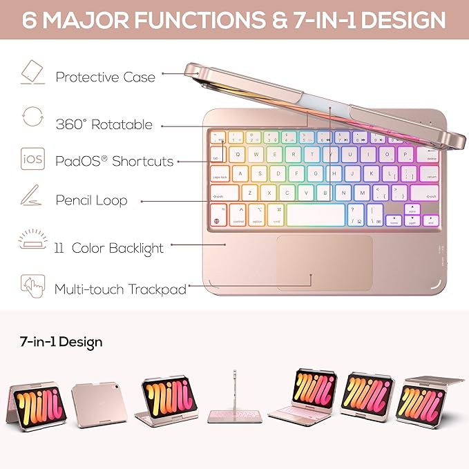 typecase Keyboard Case for iPad mini 7 (2024) & mini 6 (2021) - Wireless Case with Keyboard for iPad mini 7th 6th Generation 8.3" - 11 Colors Backlit Keyboard Cover with Trackpad - Rose Gold