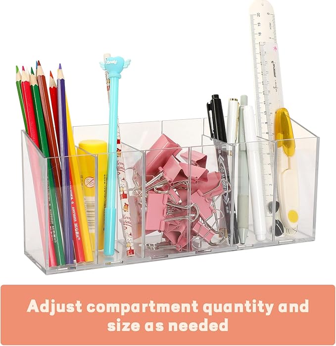 DECYOOL 2PCS Acrylic Pen Holders, Clear Makeup Brush Organizer 6 Compartments With Removable Dividers for Vanity Desk Accessories Cosmetic Storage Office Stationery Kitchen Supplies