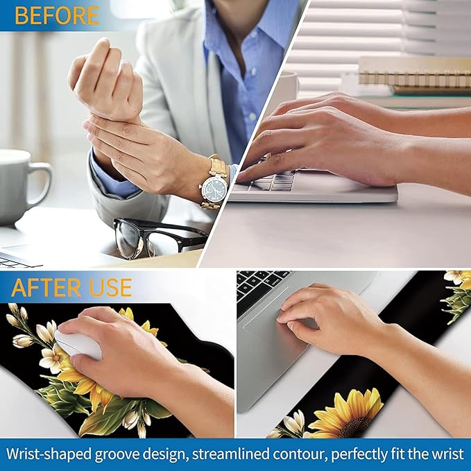 Ergonomic Mouse Pad, Mouse Wrist Rest Pad + Keyboard Wrist Rest Pad + Coaster, Made of Memory Foam, Easy to Use and Relieve Wrist Pain, Computer, Games, Office, Home - Magnolia Flower Sunflowe