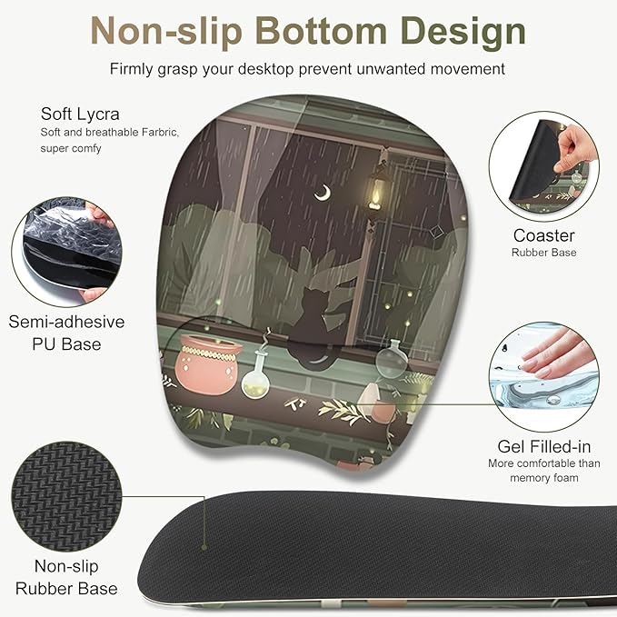 Aesthetics Large Mouse Pad with Wrist Support 4 in1 Set, XXL Big Game Mousepad + Keyboard Wrist Rest + Mouse Wrist Rest Pad +Coaster Gaming Mat for Home Office Computer I Green Plants and Black Cat