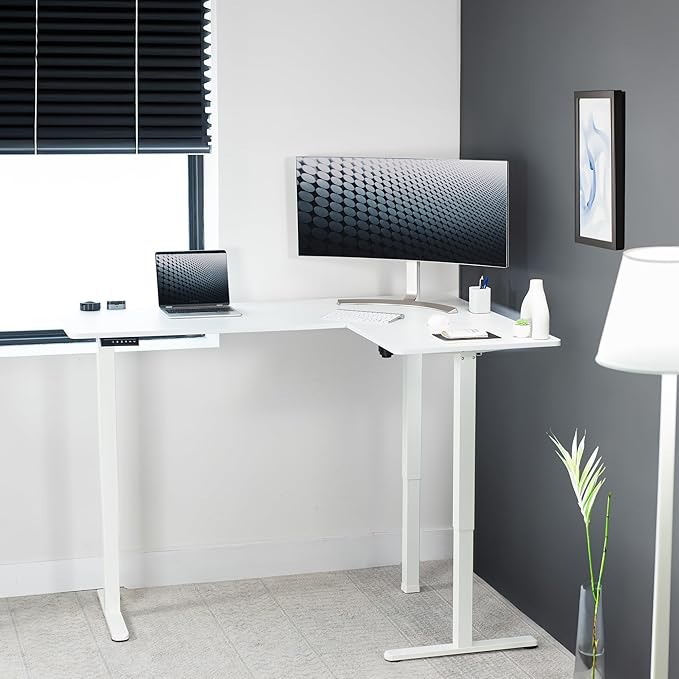VIVO Corner Standing Desk, 63 x 47 inch Reversible L-Shaped Workstation, Electric Height Adjustment, Home, Office, and Reception Rooms, White Table Top White Frame, DESK-E3CTW-47