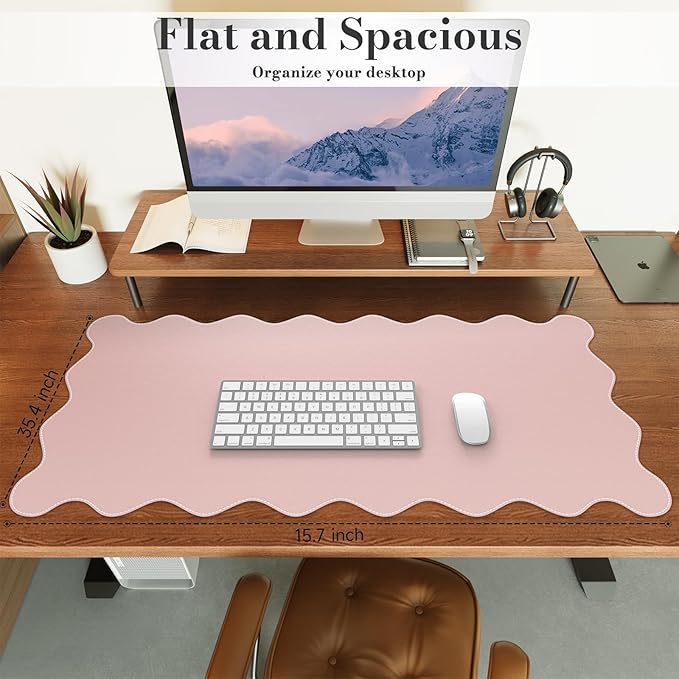 iCasso Leather Desk Pad Pink,Extra Large Mouse Pad for Desktop,Waterproof PU Nail Table Mat,Cute Scalloped Keyboard Mats for Women Girl,Non-Slip Desk Cover Mat for Office Home Dorm