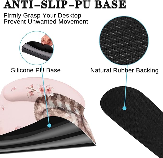 Arttown Cat Pink Floral Desk Mat Kawaii Mouse Pad Set 4 in 1 Ergonomic Design Large Mouse Pad + Keyboard Wrist Rest + Mouse Wrist Rest + Coaster Suitable for Home Office Study Game