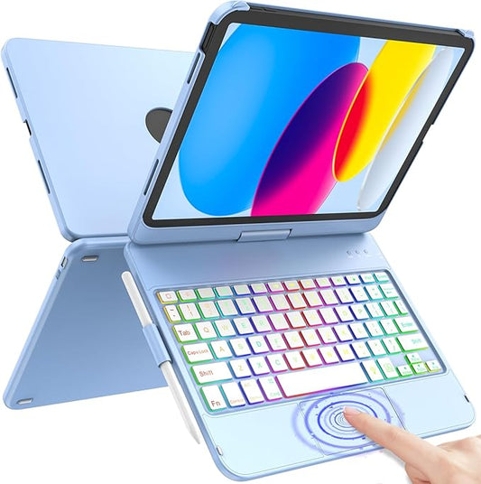 HOTLIFE for iPad A16 11th Generation/10th Generation Case with Keyboard,Touch Keyboard for iPad 11" /10th Gen 10.9 inch 2022-10 Color Backlight, 360° Rotatable Protective Cover (Ocean Blue)