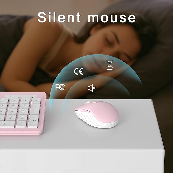 Wireless Keyboard and Mouse Combo, Full-Size 104-Key Office Keyboard with 15 Function Keys, Numeric Keypad, Single USB Receiver, Compatible with PC and Laptop(Pink White)