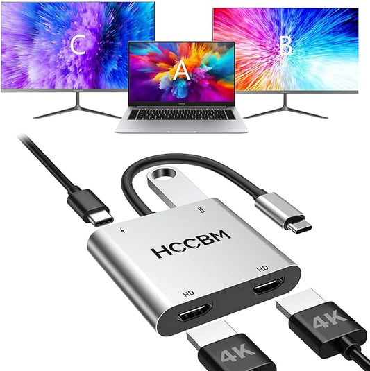 USB C to Dual HDMI Adapter, Dual Monitors Adapter USB C Hub with 2 HDMI, USB-A, 100W PD Docking Station 4K @60hz for MacBook HP Dell Surface Thinkpad…