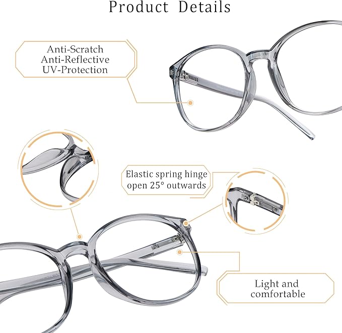 LifeArt Round Blue Light Blocking Glasses, Computer Glasses, Gaming Glasses, TV Glasses for Women Men (Clear Gray, 6.00 Magnification)