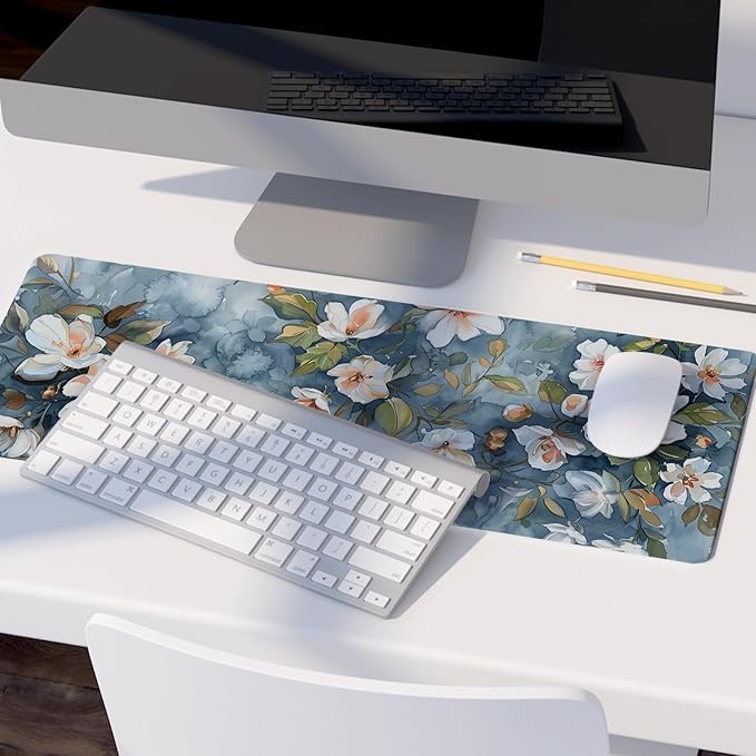 Navy Blue Vintage Watercolor Flowers Mouse Pad,Aesthetic Summer Flower Desk Mat,Spring White Wildflowers Mouse Pad,Elegant Botanical Mousepad for Home Office Dorm Desktop Decor,31.5x11.8 Inch