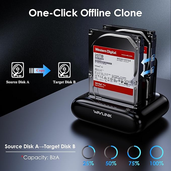 WAVLINK Dual Bay Hard Drive Docking Station - USB 3.0 to SATA I/II/III for 2.5" & 3.5" HDD/SSD with Fixed Bezel, Supports Offline Clone/Duplicator Function, Supports 2x20TB with UASP 6Gbps - Black