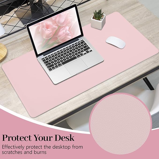 Pink Leather Desk Mat Large Mouse Pad, Waterproof Desk Pad for Keyboard and Mouse, Non-Slip Computer Desk Protector, Smooth Mouse Movement Desk Mat for Home and Office(31.5"×15.7")