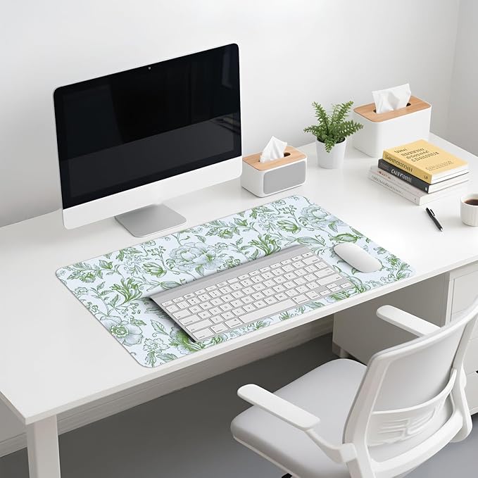 Sage Green Chinoiserie Mouse Pad,Sage Green Floral Desk Mat,XL Large Greens Floral Preppy Trendy Mouse Pad,Girly Gaming Mousepad,Girly Laptop Desk Mat for Dorm Home Office,23.6x11.8 Inch