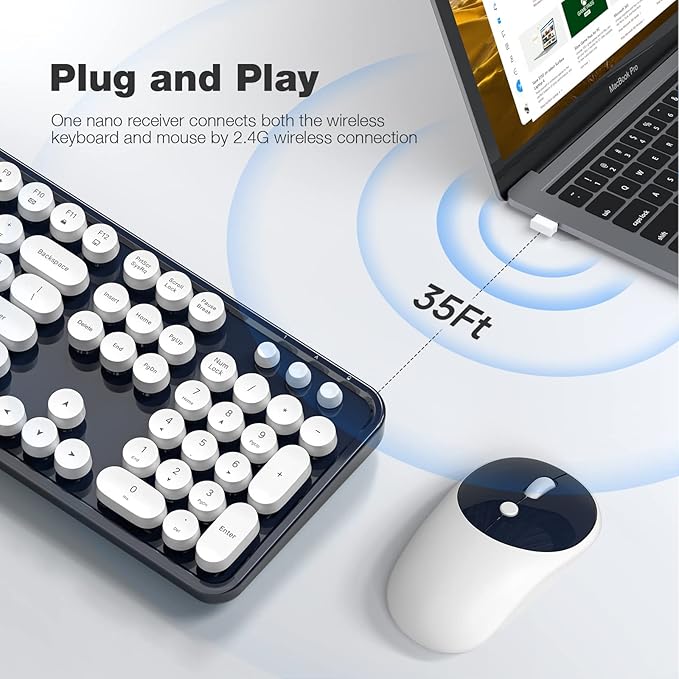 Wireless Keyboard and Mouse Combo, 104 Keys Full-Sized Typewriter Keyboards and Retro Mouse, 2.4 GHz USB Receiver Plug and Play, for Windows 7 8 10, PC, Laptop, Desktop (Dark Blue)