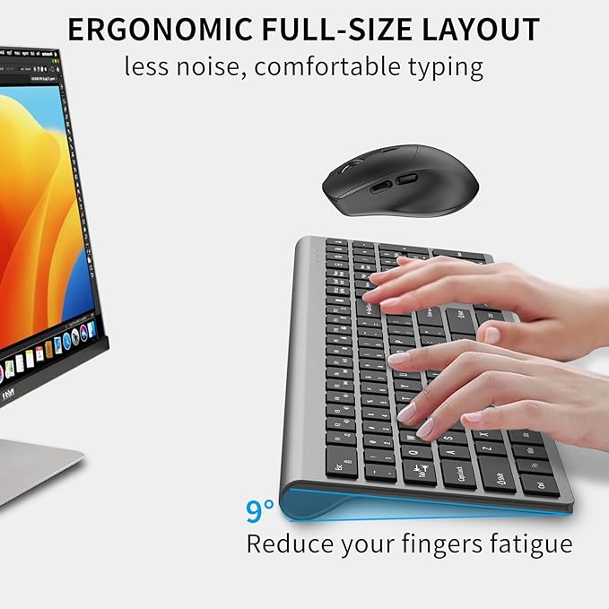 Wireless Keyboard and Mouse Combo, Full-Size Slim Keyboard with Numeric Keypad, Calculator Button, 2400 DPI Ergonomic Large Mouse for Right Hand, USB Cordless Set for Laptop PC Windows - Black & Grey
