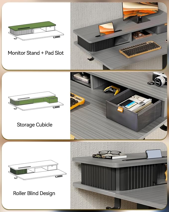 JOY worker Small Electric Standing Desk, 35" x 25" Height Adjustable Table with Built-in Monitor Stand & Storage Drawer, Grey Sit Stand Desk with 2 Hooks for Home Office