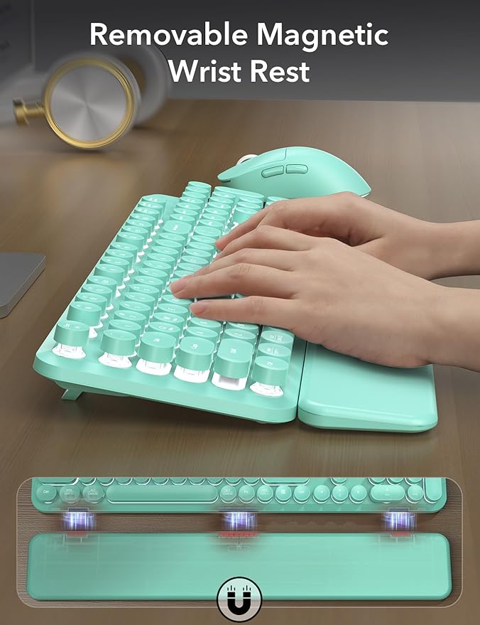 Wireless Keyboard and Mouse Backlit - Typewriter Keyboard with Magnetic Wrist Rest, Retro Round Keycaps, Light Up Letters, 2.4GHz Cordless Combo for Mac, Windows, PC, Laptop, Trueque