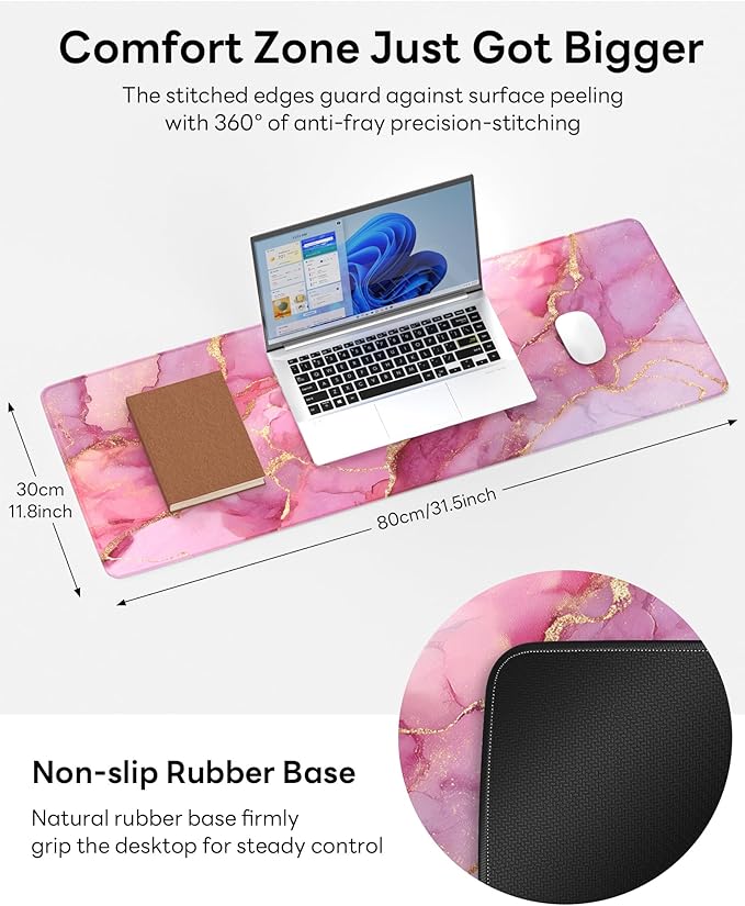 Pink Marble Mouse Pad, 31.5 x 11.8 Large Desk Mat with Stitched Edges & Non-Slip Base, Mousepad for Office, Home, Work