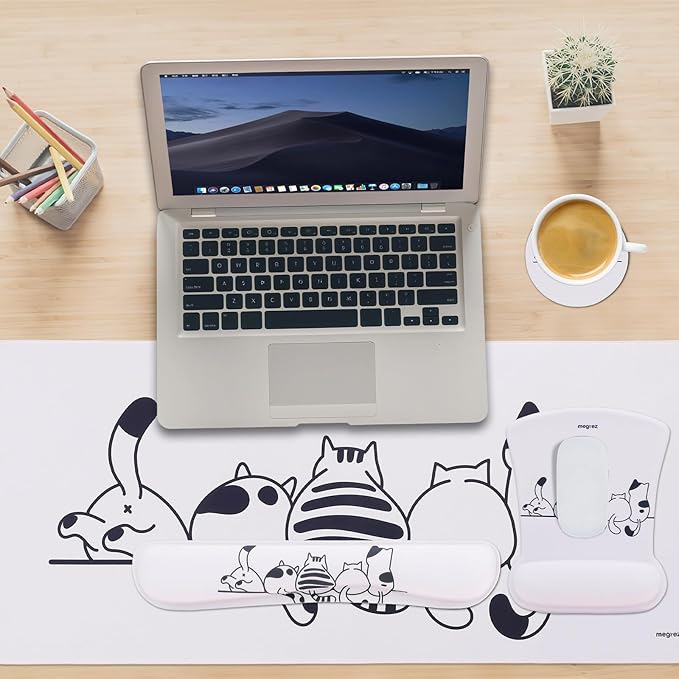 MEGREZ 4-in-1 Ergonomic Memory Foam Wrist Rest Set, Desk Pad, Mouse Pad with Wrist Rest, Keyboard Pad, Suitable for Office Workers, Programmers & Gamers–Relieve Typing & Gaming Fatigue, Beige
