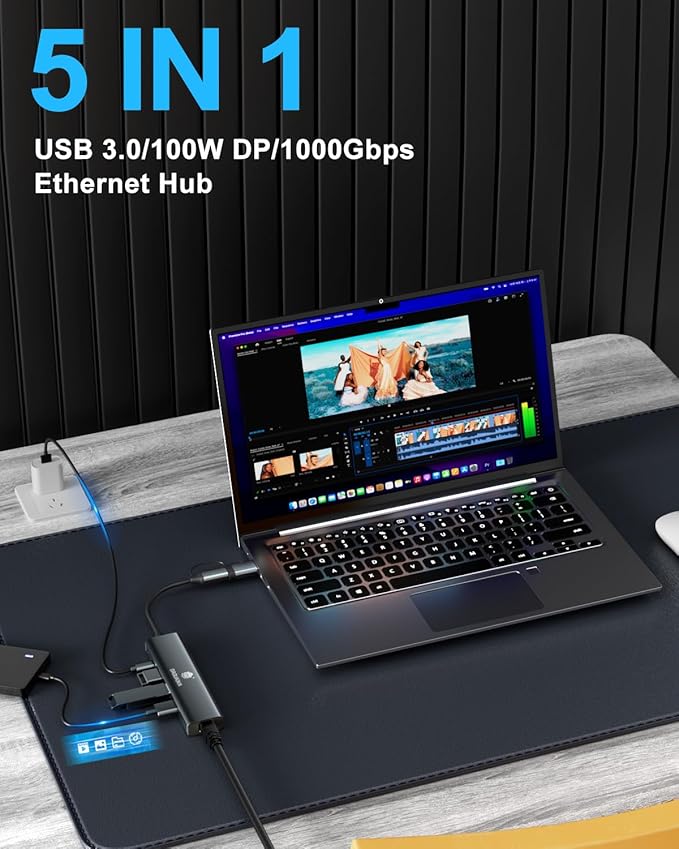 USB C Hub, 5-in-1 USB C/A Docking Station, RJ45 10/100/1000 Gbps Ethernet Adapter, Driver Free, 3 USB A 3.0, PD100W Charging for MacBook, iPad Pro, Surface Laptop, Chromebook, etc