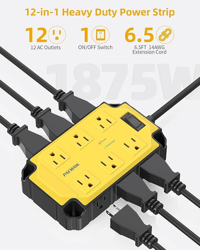 Surge Protector Power Strip 15 Amps/1200 Joules, 12 Outlets Magnetic Heavy Duty Power Strip, 6.5 FT Extension Cord with Multiple Outlets for Industrial Shop Garage (Yellow)
