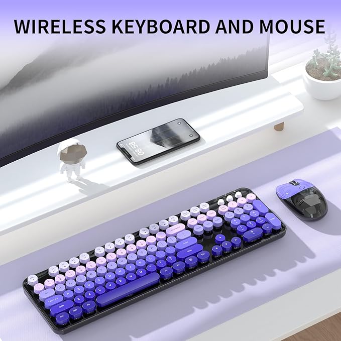 Wireless Keyboard and Mouse, 104 Round Keycaps Retro Typewriter with OTG & Brush, Full-Size Ergonomic, Ideal for Windows PC, Home, Office and College Purple Pink