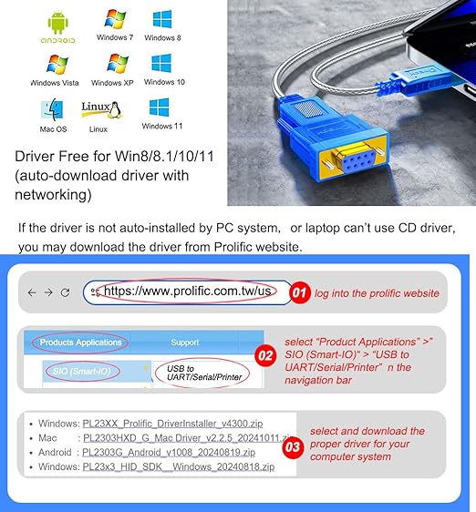 DTECH 3 Feet USB to Serial Female Adapter Cable DB9 RS232 to USB 2.0 Cord with Prolific PL2303 Chip Windows 11 10 8 7 Mac Linux (9 Pin 2 Row Connector RS232C Protocol)