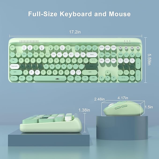 MageGee V920 Wireless Keyboard and Mouse Combo, 2.4G Full-Sized Retro Typewriter Keyboard with Round Keycaps & Auto-Sleep Mode, Cute Computer Keyboard and Cordless Optical Mouse for Laptop/PC (Green)