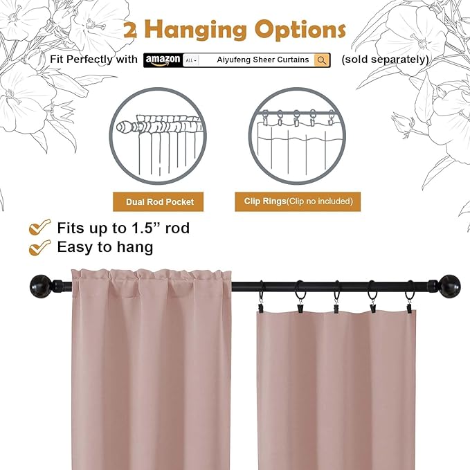 Aiyufeng Blush Blackout Curtains for Bedroom 96 Inches Long 2 Panels, Solid Thermal Insulated, Energy Saving Nursery Window Treatment Curtains Blackout Drapes, W40 x L96 Inch, Blush