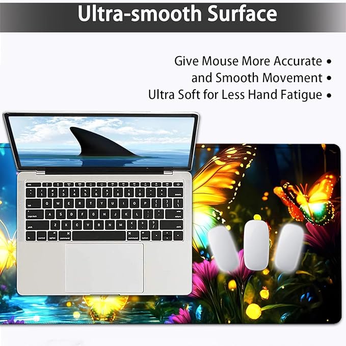 Large Mouse pad and Keyboard Support Set, Ergonomic Memory Foam Keyboard Wrist Rest, Extended Gaming Mouse Pad with Stitched Edges, Neon Butterfly XXL Desk Mat (31.5 X 11.8 in)