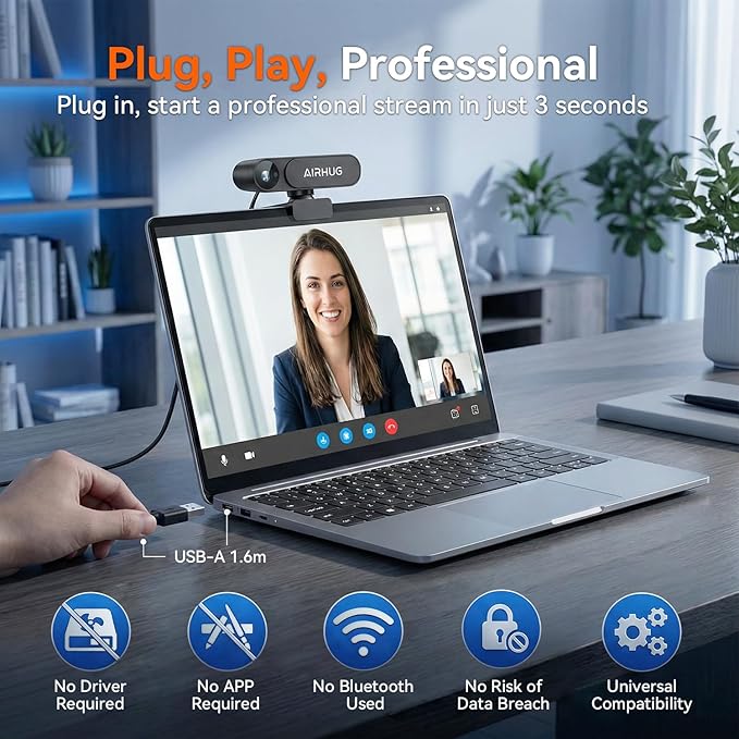 AIRHUG 4K UHD USB Webcam No Mic with Privacy Cover for Secure Meetings - 16MP Sony Sensor, PDAF Fast Focus, 63° Gold FOV, Auto Light Balance, Streaming Camera Without Audio for PC/Laptop/Desktop