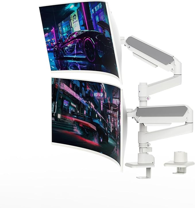 Dual Monitor Arm for 17-49 Inch Ultrawide Screens, Dual Monitor Mount Heavy Duty up to 44lbs, Adjustable Vertical Stacked Full Motion Dual Monitor Arm Desk Mount, 75/100mm VESA Mount, White