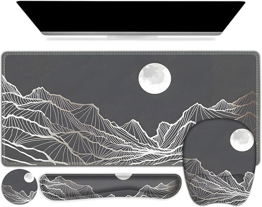 Large Mouse Pad, Keyboard Wrist Rest Set, Ergonomic Mouse Pad with Wrist Support, Desk Mat with Stitched Edges + Coaster, Extended Desk Pad Waterproof Desk Mat for Home Office Game I Moon and Valley