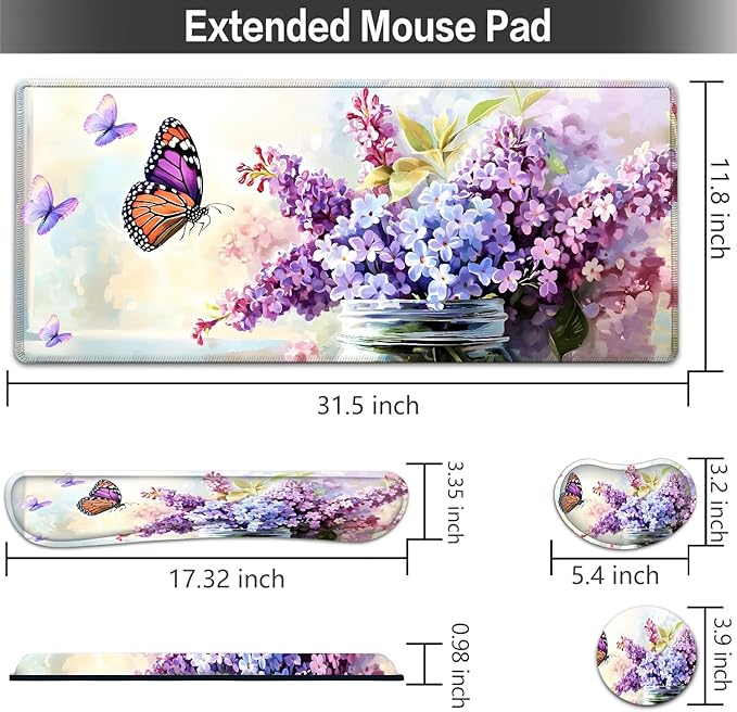 Large Mouse pad and Keyboard Support Set, Ergonomic Memory Foam Keyboard Wrist Rest, Extended Gaming Mouse Pad with Stitched Edges, Flowers in Vase XXL Desk Mat (31.5 X 11.8 in)