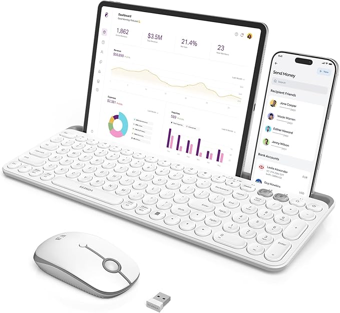 seenda Bluetooth Keyboard and Mouse for iPad, CTU-301 Wireless Multi-Device Connection Bluetooth+2.4G Keyboard Mouse Combo with Tablet Holder for iPad/MacBook/Windows, iOS/Andriod/Phone, White