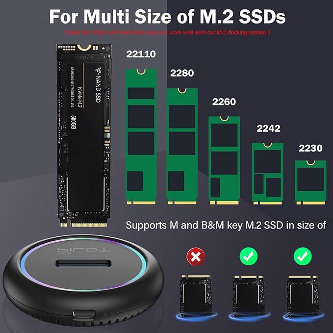 M.2 NVMe & SATA to USB C Docking Station, M.2 SSD to USB A C Reader Adapter for Both M Key & B+M Key NVMe PCIE and SATA NGFF SSD Dock, Size for 22110 2280 2260 2242 2230 RGB Light Enclosure