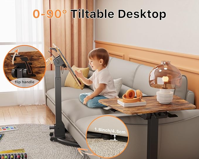 JOY worker Foldable Mobile Standing Desk, Pneumatic Height Adjustable Sit Stand Desk, 90° Tiltable Rolling Laptop Table, Portable Workstation with Non-Slip Mat for Home Office, Holds Up to 22lbs