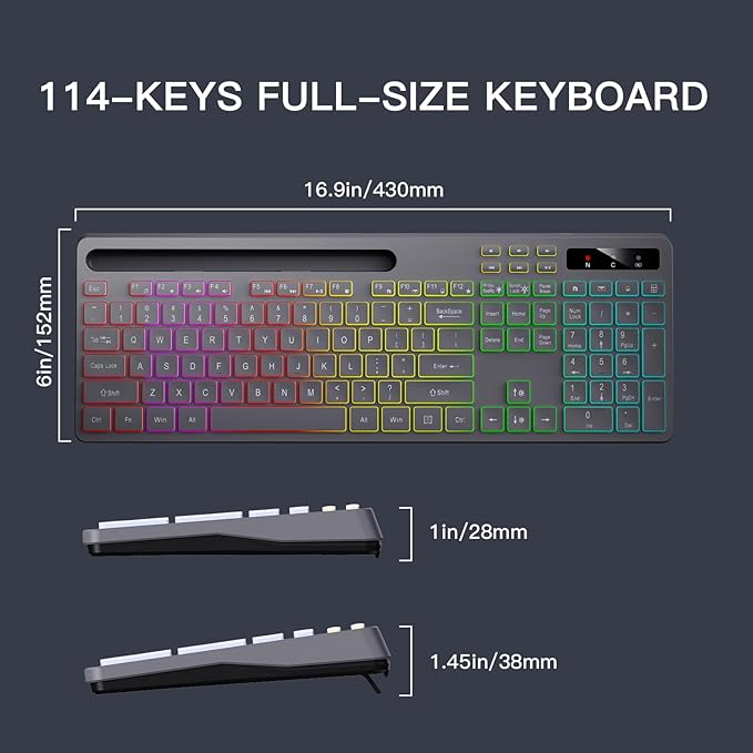 Wireless Keyboard with 7-Color RGB Backlit, Full-Size Computer Keyboard with Phone Tablet Holder, 2.4G Rechargeable Gaming Keyboard with Light Up Keys, Compatible with Mac, Windows (Grey)
