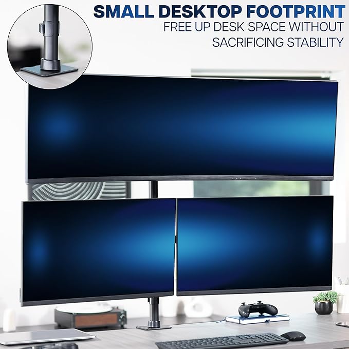 VIVO Triple Monitor Extra Tall Desk Mount for up to 49 inch Ultrawides on Center Bracket and 27 inch Screens on Side Brackets, Holds up to 44 lbs, Black, STAND-V103T