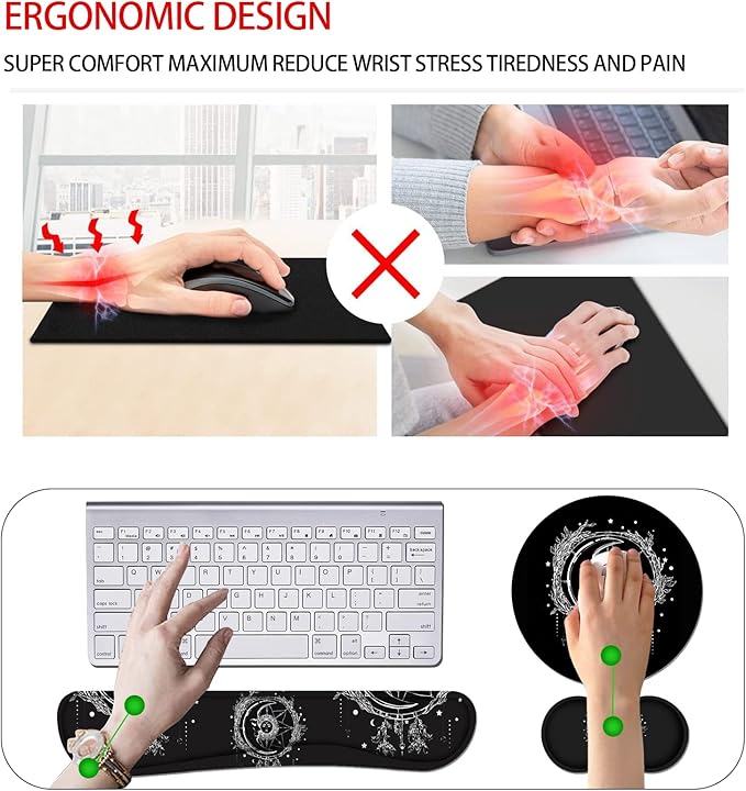 Keyboard Wrist Rest and Mouse Pad Wrist Rest Set with Coasters [4Pcs], Ergonomic Support, Non-Slip Rubber Base for Home OfficeEasy Typing & Pain Relief, Celestial Theme Sun with Crescent Moon