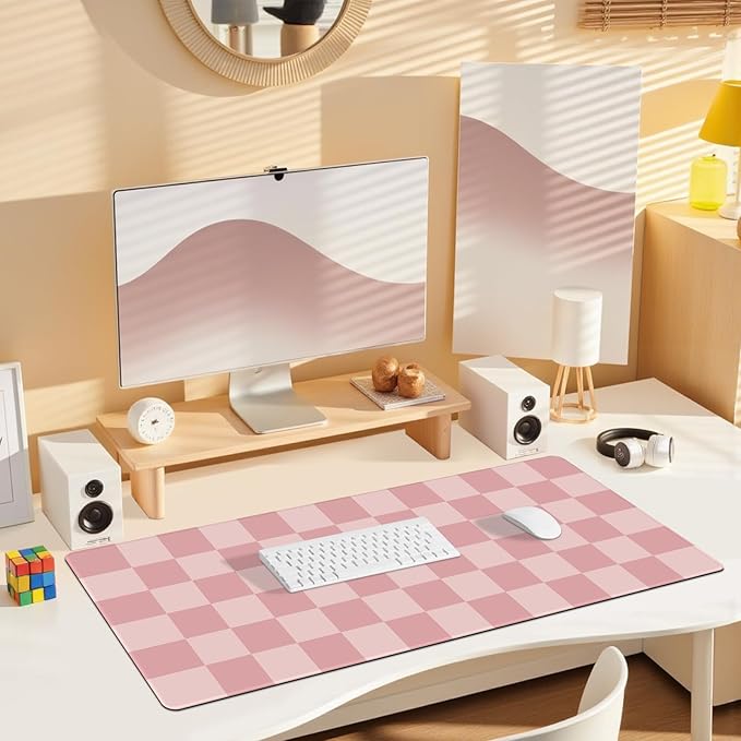 Checkered Pattern Desk Pad Mouse Pad, Large Gaming Mouse Mat with Stitched Edges, Waterproof Rubber Base Mous Mat for Office Computer Keyboard Laptop Home Decor Women (35.4X17.5 inch), Pastel Pink