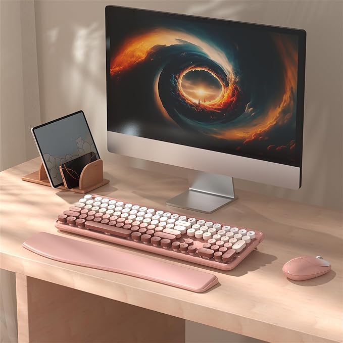 Colorful Wireless Computer Keyboard and Mouse Combo with Phone Holder, Wrist Rest, Typewriter Keys, 2.4GHz Wireless, Full-Sized Optical Mouse for PC and Laptop(Peach Colorful)