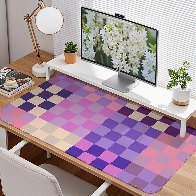 Pastel Purple Pink Checkered Desk Mat XXL Large Mouse Pad with Stitched Edges, Keyboard Pad Mouse Mat for Computer Deor Desk Matt for Desktop 31.5 X 15.7In