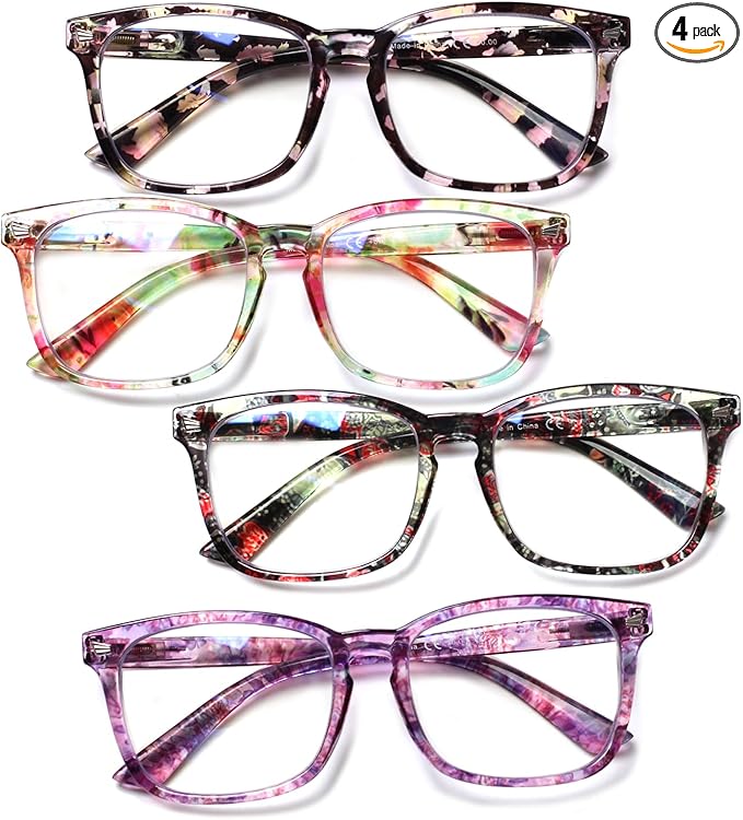 Henotin 4-Pack Blue Light Blocking Reading Glasses Women Men,Spring Hinge Computer Readers,Anti UV Ray Square Nerd Eyeglasses (Ladies Readers with Pattern Print, 0.75, Diopters)