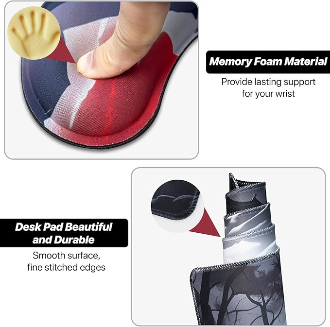 3-in-1 Large Gaming Mouse Pad, Anime Mouse Pad & Keyboard Wrist Rest Support, Memory Foam Ergonomic, Japanese Red Moon Desk Mat Set for Home Office Study Game, 31.5 X 11.8 Inch