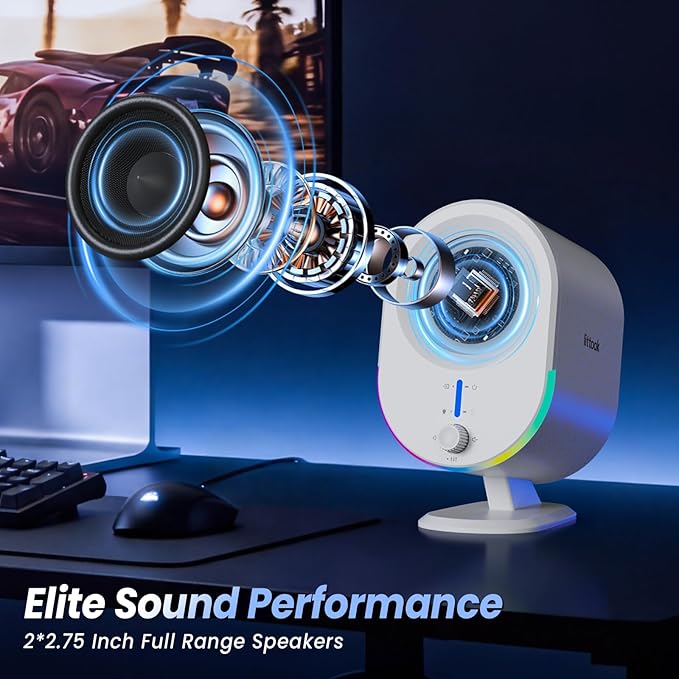Bluetooth PC Gaming Speakers, 2 * 15W 2.0CH Stereo with 3 EQ & 6 RGB Modes, AC Powered Desktop Speakers with Aux/USB/Headphone Port for Laptop/TV, White