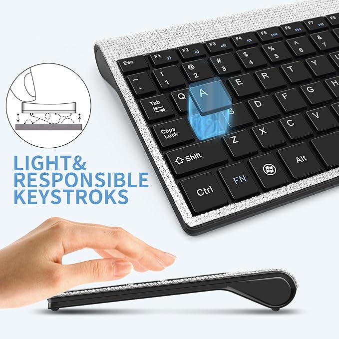 Dazzling Luxury Cute Keyboard and Mouse Wireless, Sparkly Bling Rhinestone Wireless Mouse and Keyboard Gift Set (Silver)