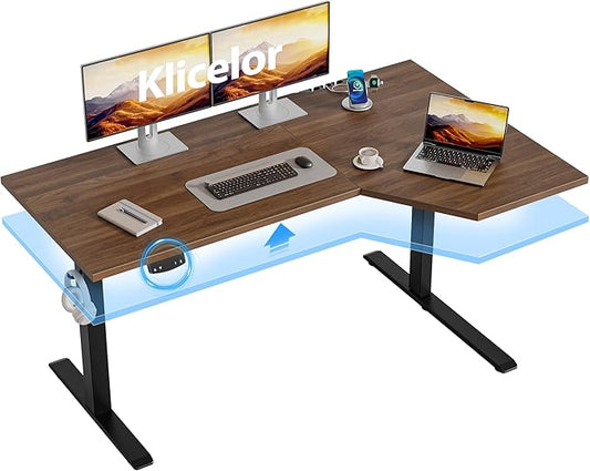 Klicelor 55 Inch L Shaped Standing Desk, Adjustable Height Corner Desk for Home Office Workstation, Sit Stand Desk with Two-Piece Desktop, Dark Walnut