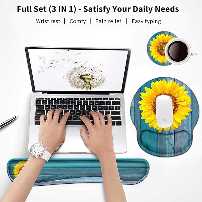 Keyboard Wrist Rest and Mouse Pad with Wrist Support, Ergonomic Mouse Pad Coaster, Comfortable Lightweight for Easy Typing Pain Relief, Memory Foam Keyboard Mousepad Set,Blue Sunflower Dog Paw
