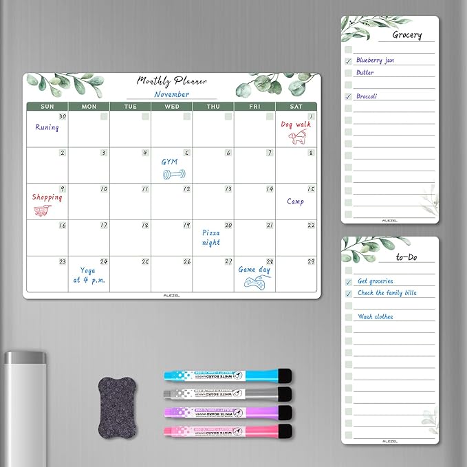Magnetic Dry Erase Calendar for Fridge, Refrigerator Calendar Whiteboard Set - Magnetic Dry Erase Monthly Planner with 2 List Boards, 4 Markers + Eraser, Greenery