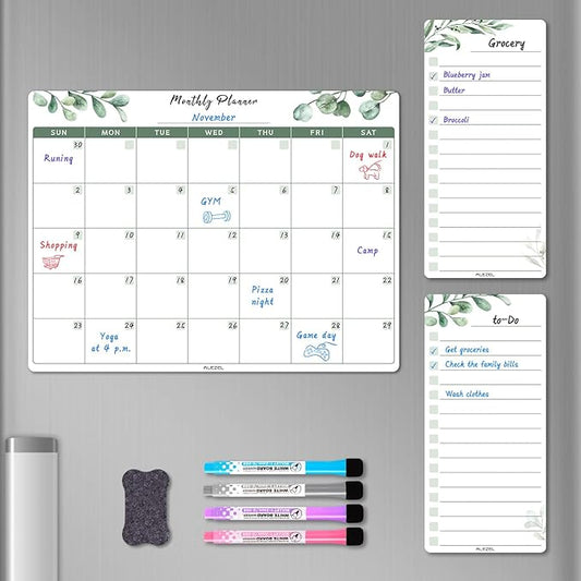 Magnetic Dry Erase Calendar for Fridge, Refrigerator Calendar Whiteboard Set - Magnetic Dry Erase Monthly Planner with 2 List Boards, 4 Markers + Eraser, Greenery