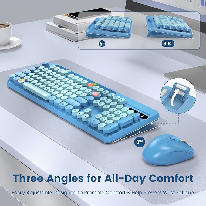 Wireless Keyboard and Mouse Combo, Retro Round Keycaps, Full-Size Stylish Typewriter Keyboard with Phone/Tablet Holder, Ergonomic Mouse with 3-Level DPI, 2.4GHz Connection for Windows/PC (Sky Blue)